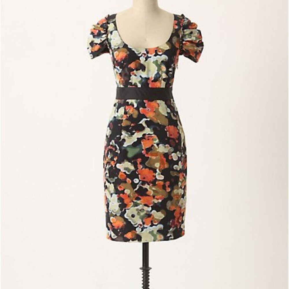Anthropologie Black Floral Midi Dress with Puff Sleeves